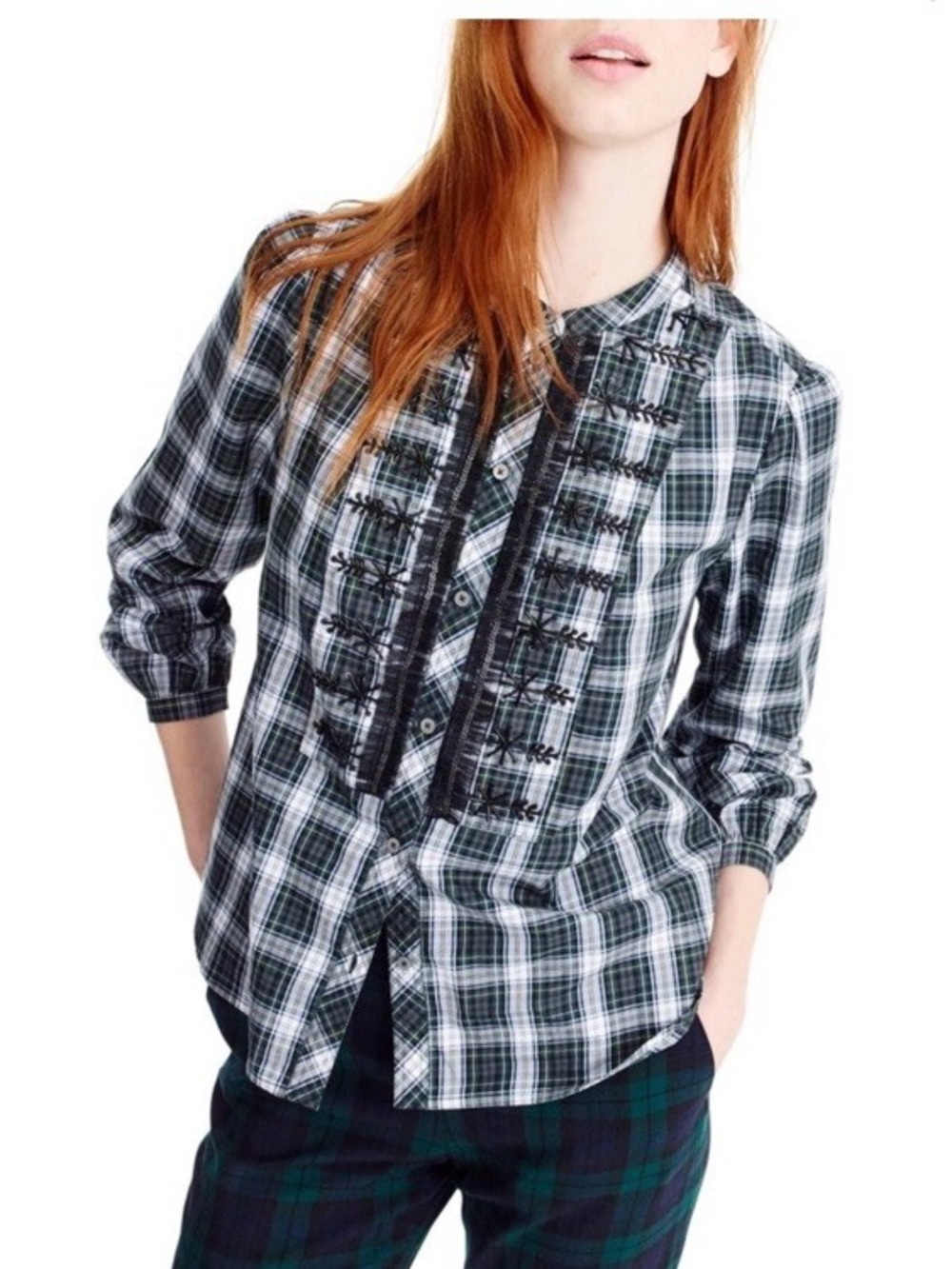 J. Crew Tartan Plaid Button-Front Shirt with Embellished Bib Detail
